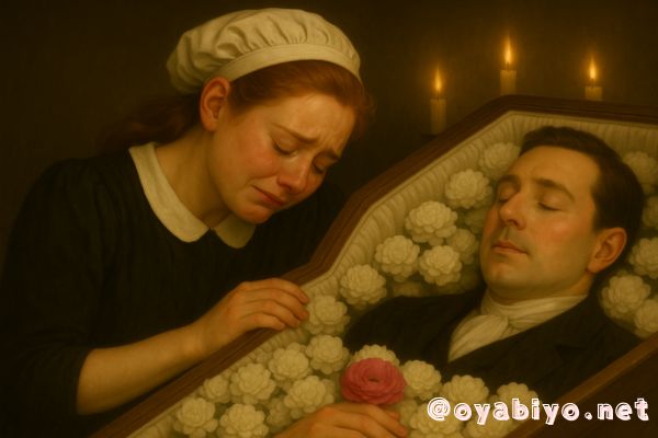 棺にピンクの花を納める